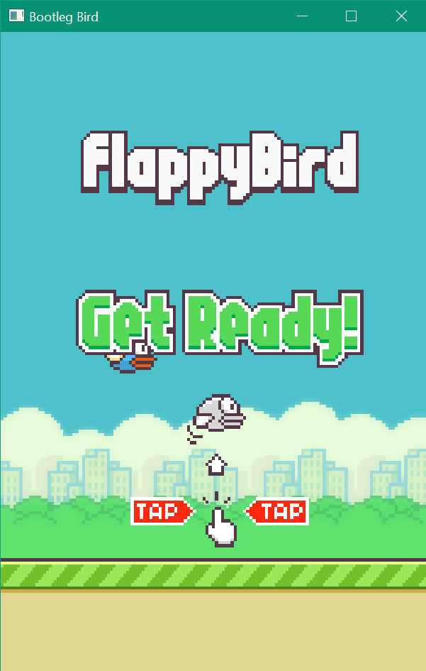 The default screen of Bootleg Bird (a Flappy Bird clone) in 900x1600 resolution