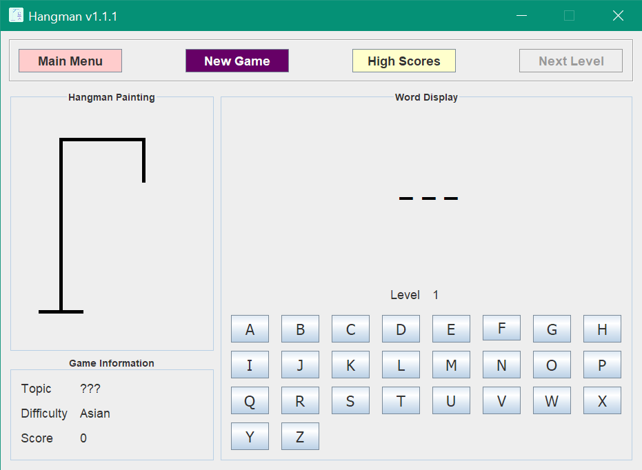 A fresh playthrough of Hangman on Asian difficulty, with topic hidden and score of 0